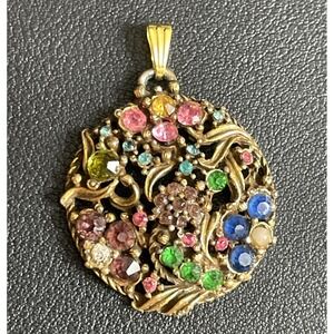Vintage Floral Rhinestone Pendant Gold Tone Pot Metal Statement Round Jewelry